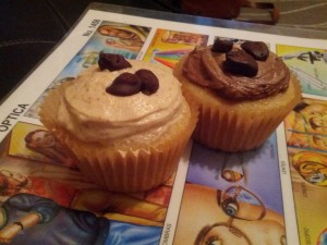 Buzzworthy! Coffee, two ways: Vanilla coffee on the left, chocolate coffee on the right. Both topped with my own chocolate-dipped coffee beans.