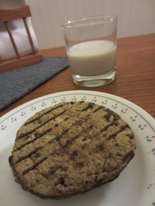 Cowboy Cookies with glass of almond milk