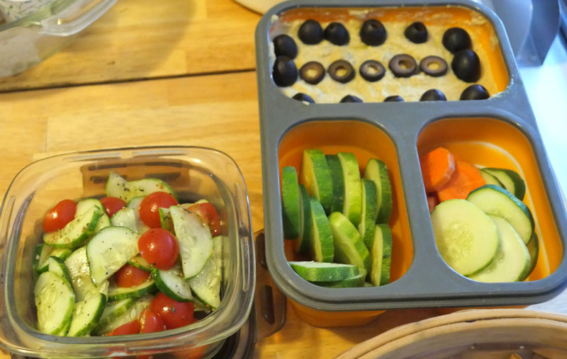 hummus, veggies, and salad