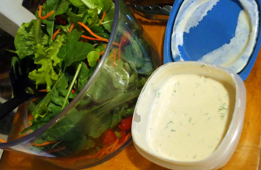 garden salad and vegan ranch dressing