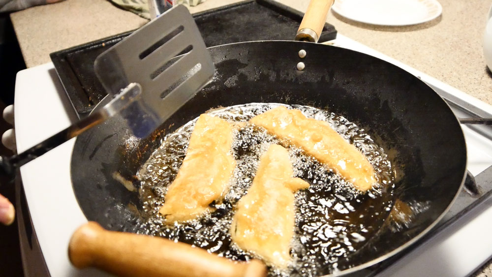 frying eggplant fish and chips