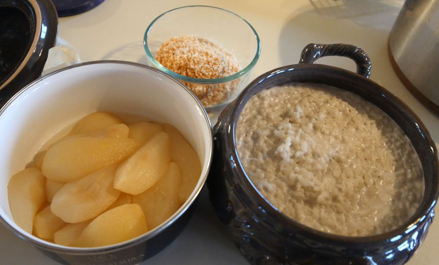 vegan rice pudding with poached pears