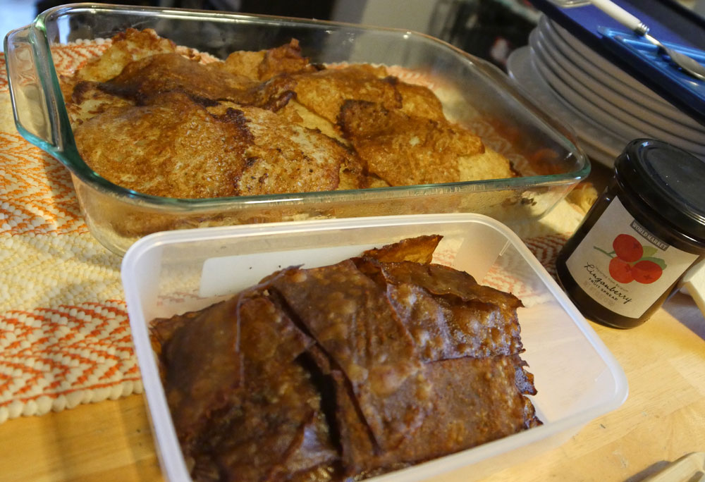 potato pancakes and vegan rice paper bacon
