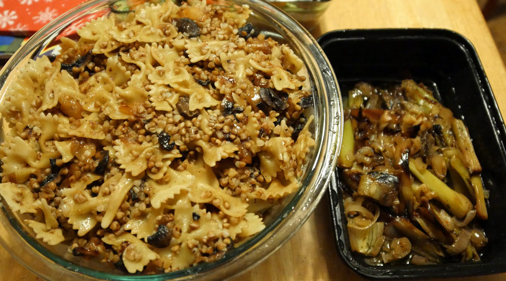 vegan kasha varnishkes and braised leeks