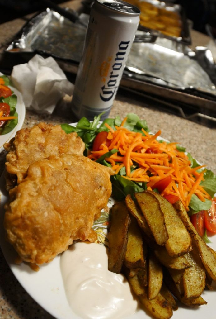 fried banana blossom seitan fish with chips and salad