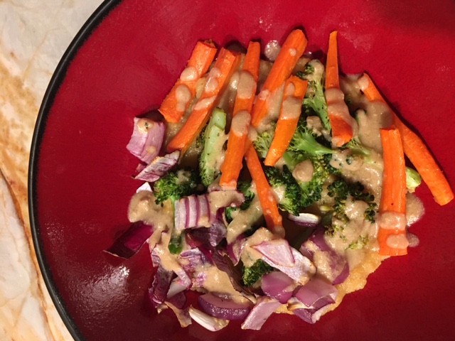 tomato polenta, veggies, and tahini gravy