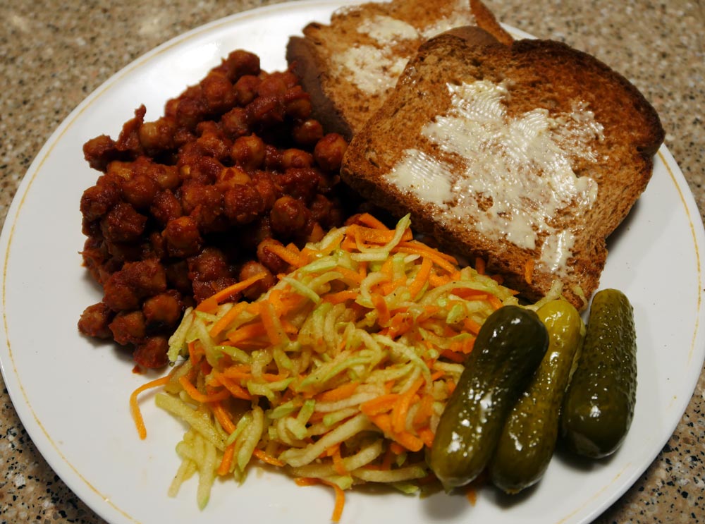 cucumber slaw aside barbecue chickpeas, margarined toast, and pickles