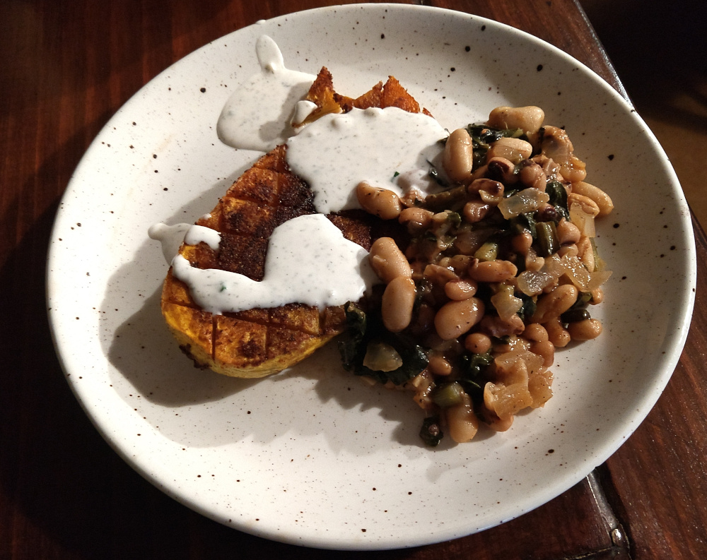 greens and beans with butternut squash steak