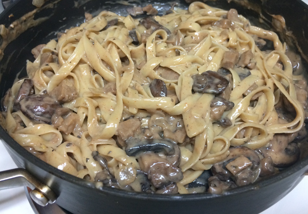 Pot of vegan "beef" stroganoff