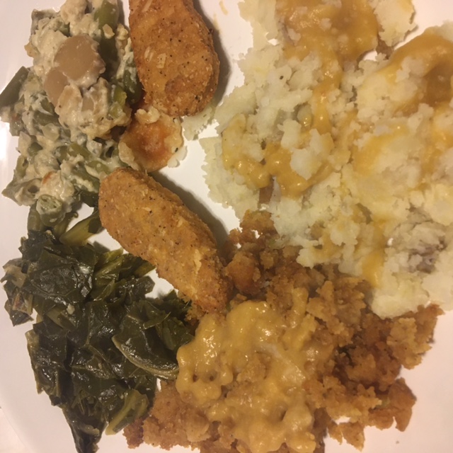 mashed potatoes, nuggets, collard greens, green bean casserole, cornbread stuffing