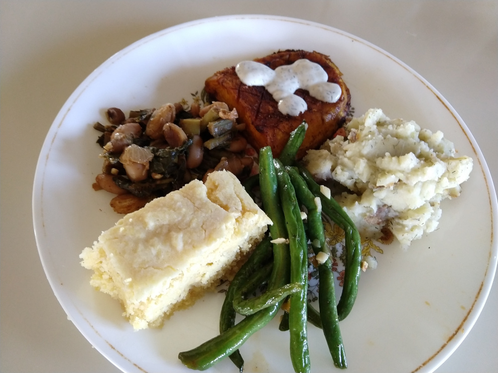 butternut squash, ranch dressing, cornbread, green beans, mashed potatoes, Swiss chard with beans