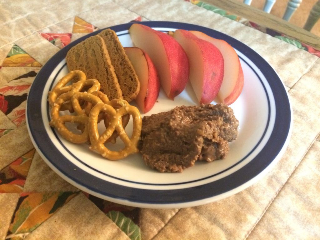 chocolate hummus with pear slices, pretzels, and Biscoff