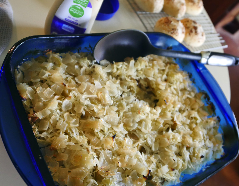 potato sauerkraut casserole with vegan sausage