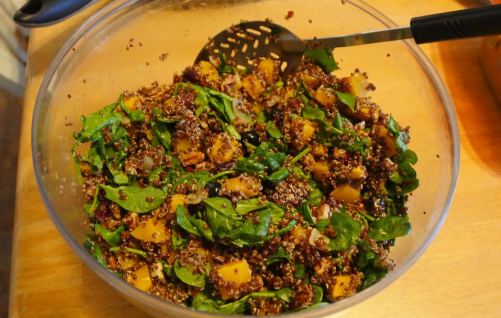 bowl with quinoa, butternut squash, spinach, blueberry salad