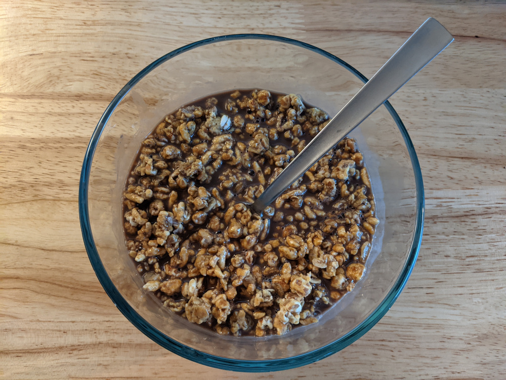 bowl of Peanut Butter Kashi in dark chocolate almondmilk