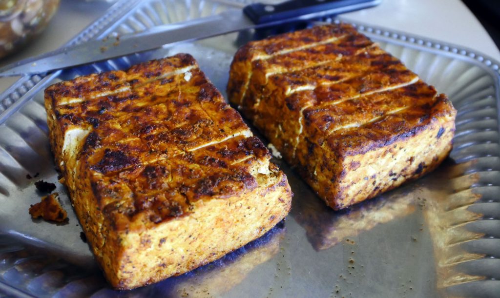 sliced pan-fried tofu blocks