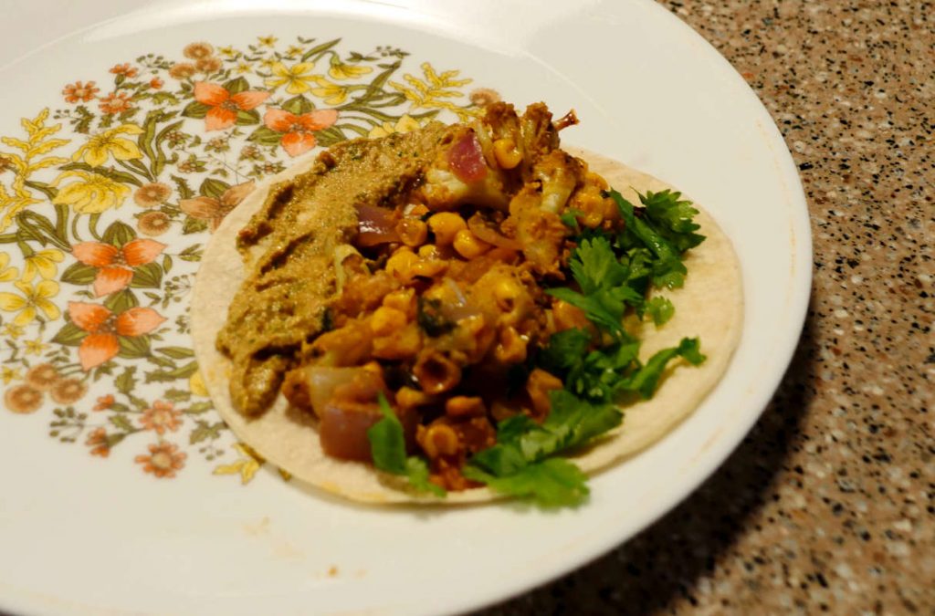 Cauliflower, corn, poblano tacos with cashew chipotle sauce