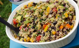 Dish filled with black bean quinoa salad