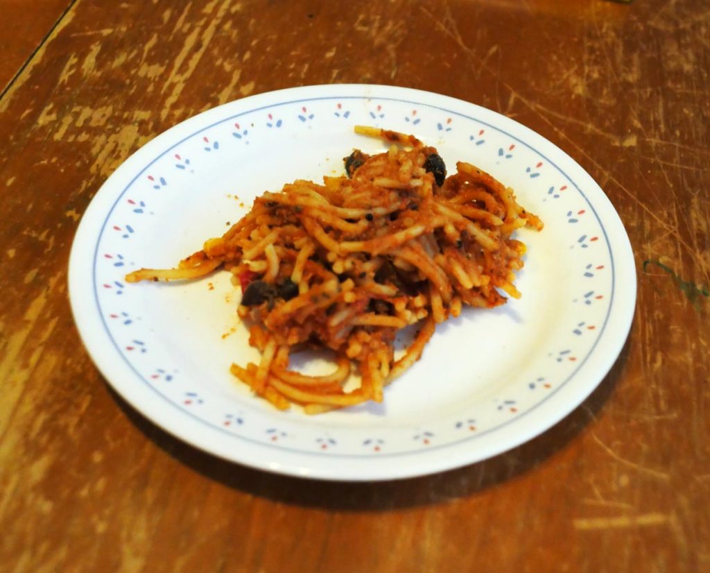 spaghetti with vegan chopped burger patty