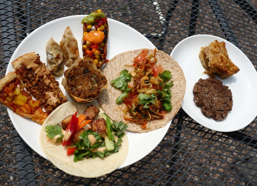 plate of vegan Asian Mexican fusion foods