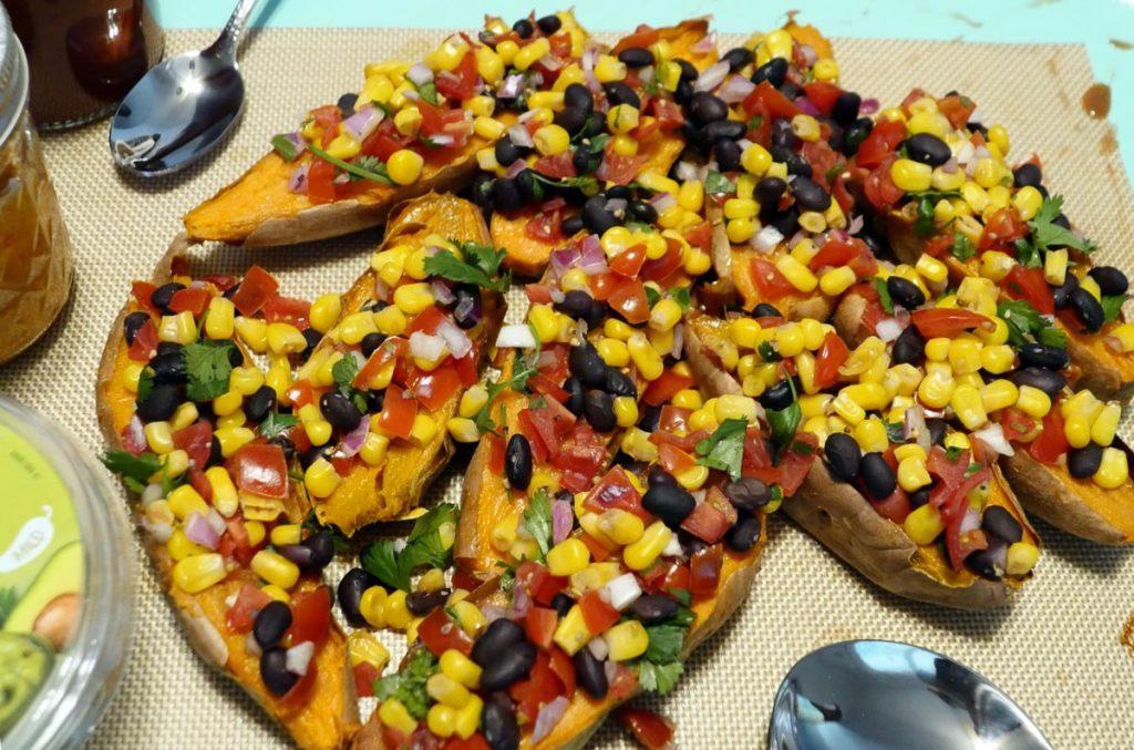 sweet potatoes filled with bean salsa