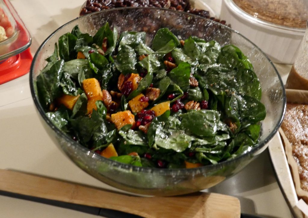 Butternut Squash and Spinach Salad with Pecans, Cranberries, and Pomegranate