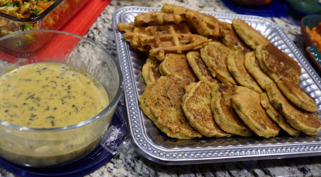 vegan stuffing waffles and johnnycakes with gravy