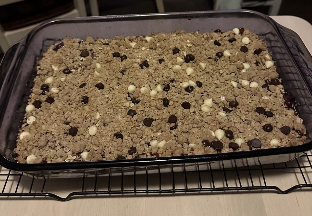 Dish of baked bars with chocolate chips